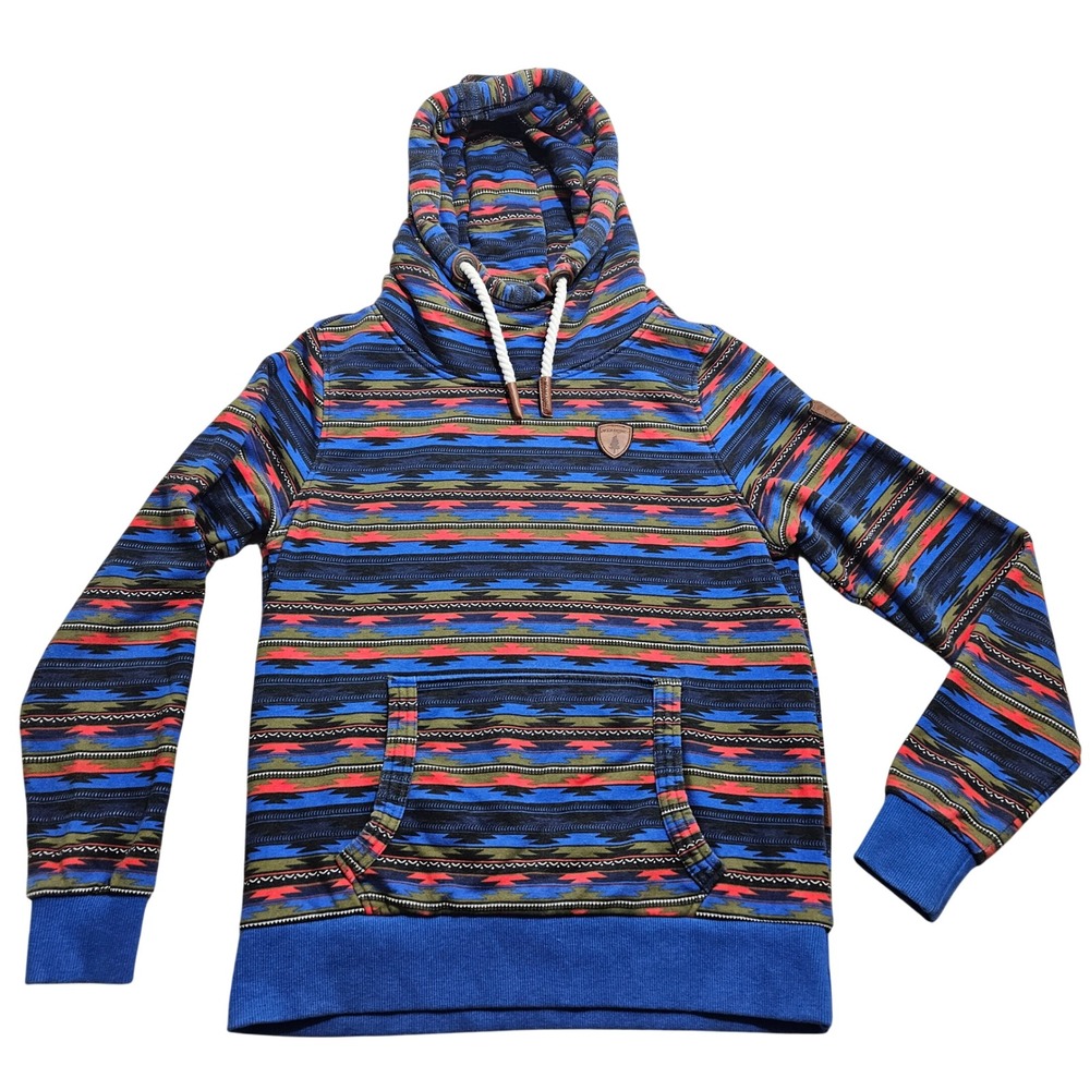 Wanakome Hoodie Large Blue Multicolor Southwestern Geometric Cowl Neck Rope